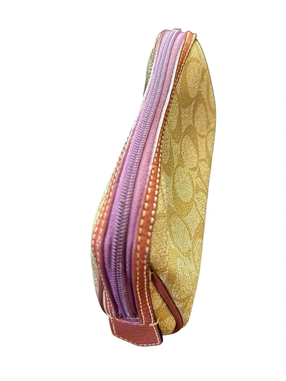 Coach Tan Signature C’s Canvas Cosmetic Makeup Case with Purple Trim